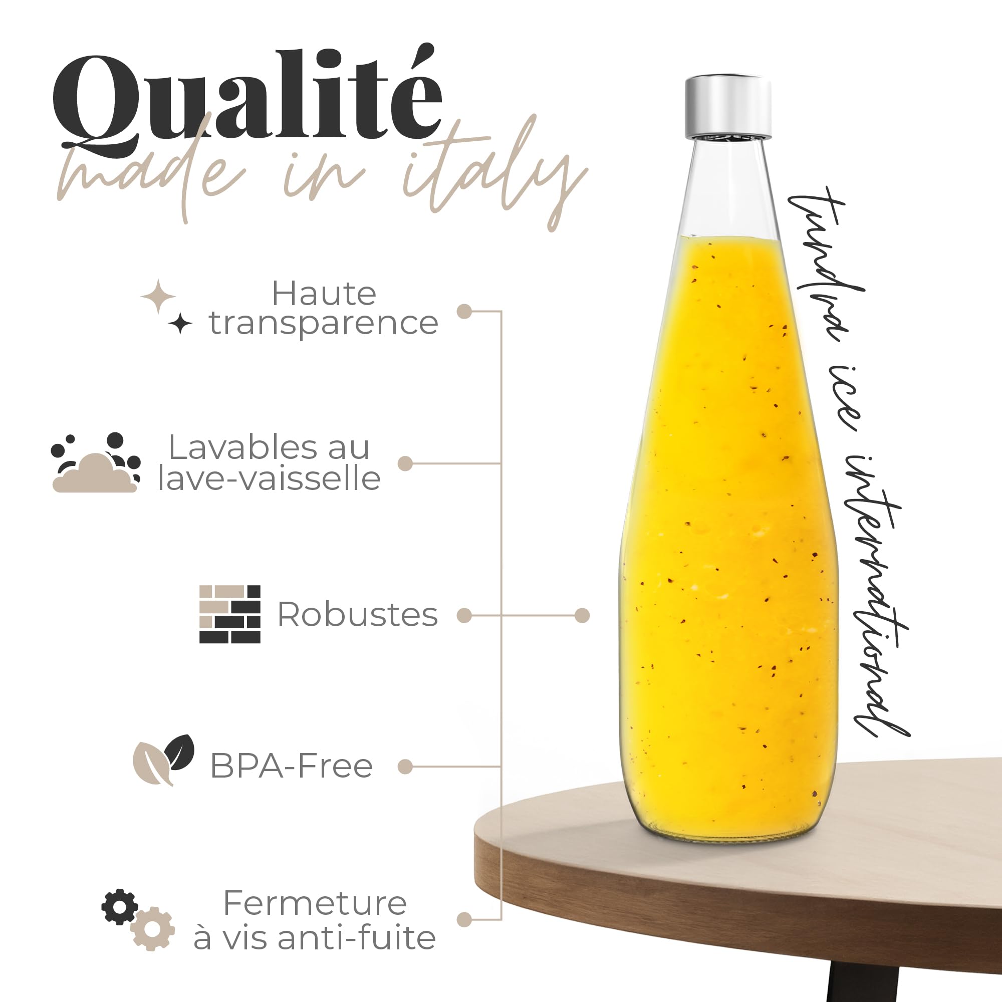 TUNDRA - Lot de 6 Bouteille Verre 75cl avec 6 Bouchons à Vis et 1 Entonnoir | Ligne CONIC | Bouteilles en Verre MADE IN ITALY, Résistantes et Lavables au Lave-Vaisselle - Pour l'Eau, la Limonade