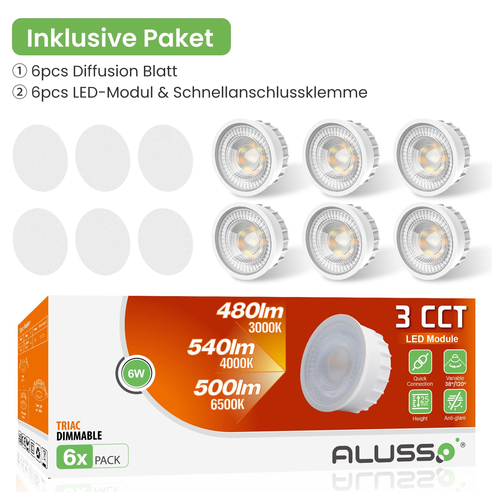 ALUSSO LIGHTING Modulo LED Ultra Piatto ø50x25mm per Faretto da Incasso, 6W 540lm 230V, Bianco Caldo Naturale Freddo Dimmerabile, Sostituisce Lampadine GU10 MR16, Impermeabile IP44, Confezione da 6