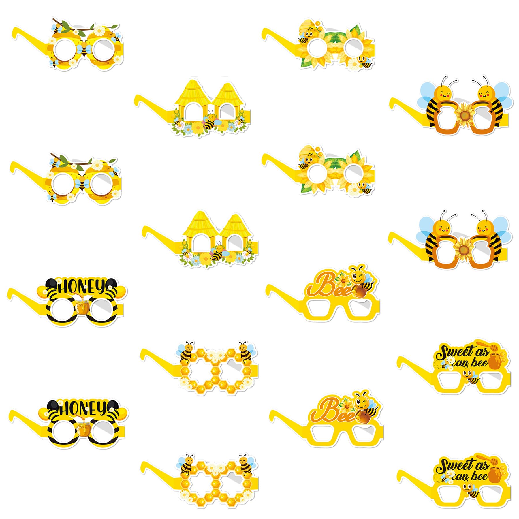 Bee Decorations - 16PCS Paper Bee Glasses, Party Glasses for Kids, Funny Eyeglasses Photo Booth Props, Tropical Fancy Dress Props Glasses Frame, Honey Theme Decor for Adults Kids Beach Summer Party