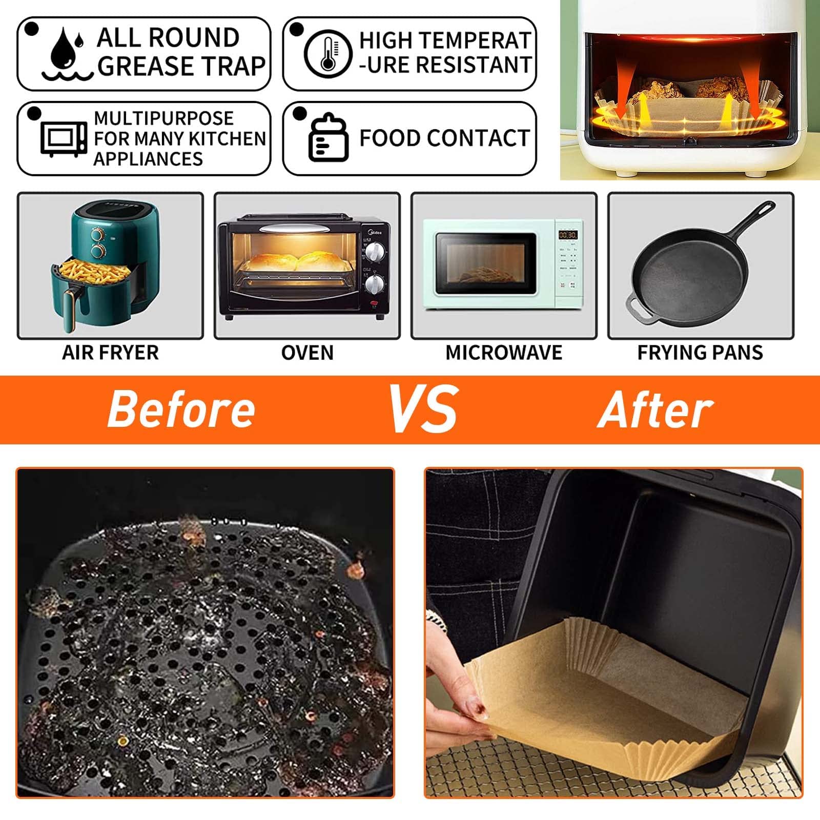 200 Pièces Air Fryer Disposable Paper Liner Feuilles de Papier de Cuisson Étanche Antiadhésive pour Poêle Four Micro Ondes Friteuse à Air Chaud 7,9'' Carré