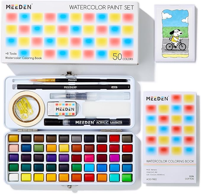 MEEDEN Travel Watercolor Paint Set: 50 Colors Watercolor Paints for Beginner with Brushes & Concertina Coloring Book - Portable Water Color Kit for Adult Painting On the Go