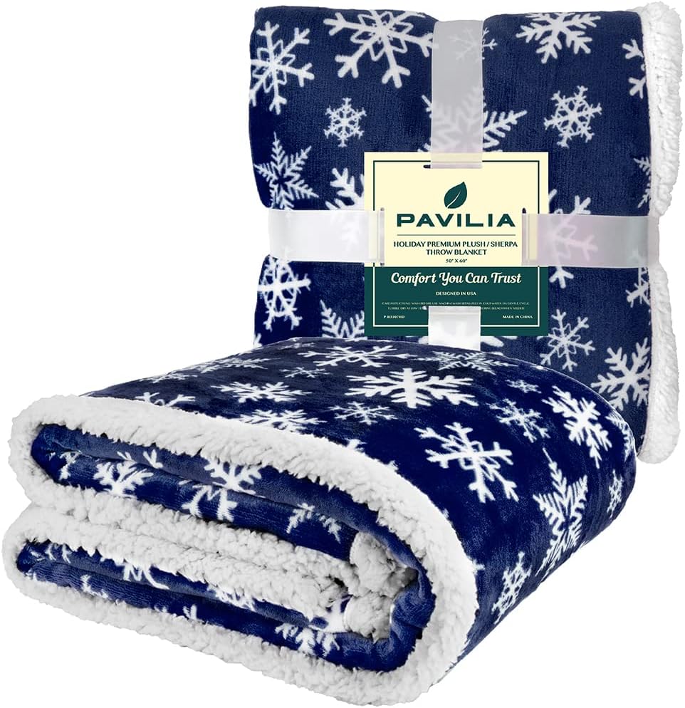 PAVILIA Blue Snowflake Christmas Sherpa Throw Blanket, Reversible Fleece Sherpa Cozy Holiday Blanket 50x60, Soft Winter Throw for Couch & Bed, Plush Cozy Warm - Image 3