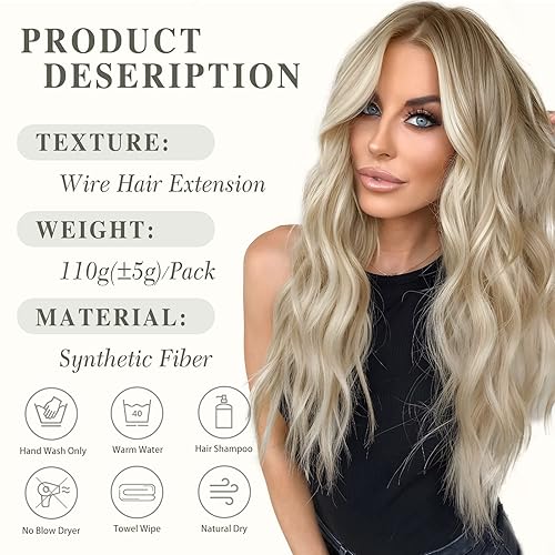 Miniatura 5 de MORICA Extensiones de cabello de alambre invisible, 20 pulgadas, mezcla de castaño cenizo, rubio platino, largo, ondulado, sintético, con alambre
