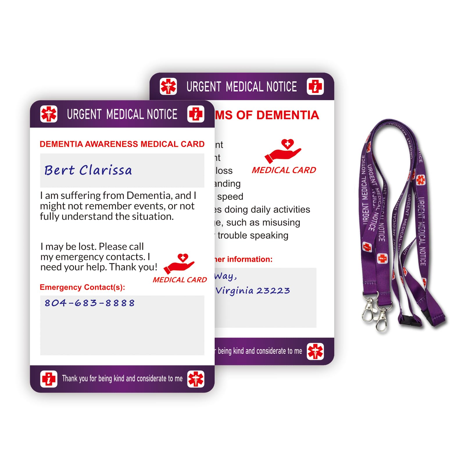 Dementia Medical Card with Writable Panel and Patterned Lanyard Emergency Contact Card โ image 1