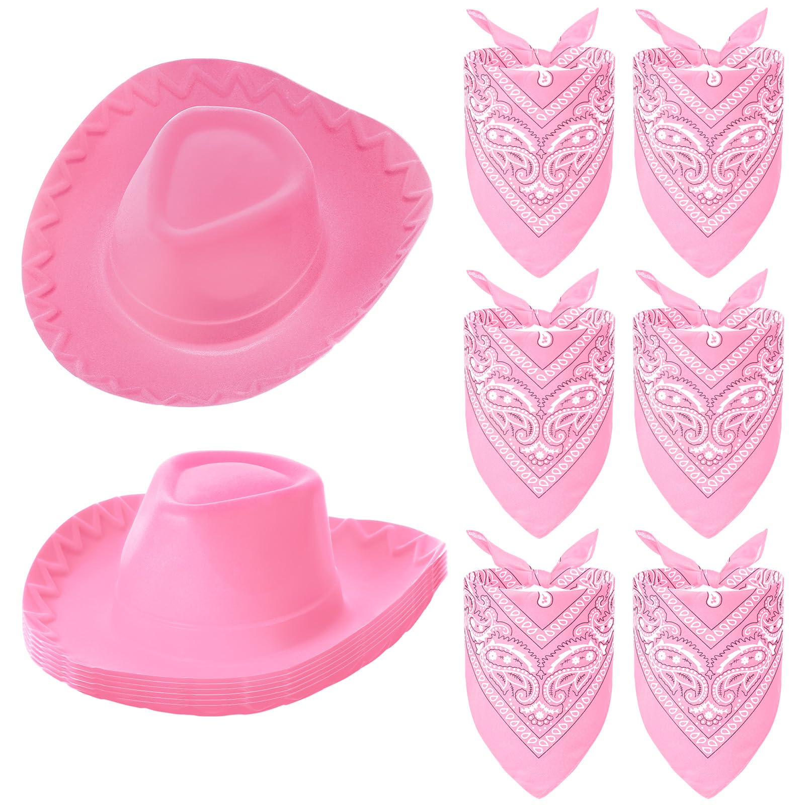 Hillban 12 Pack Cowboy Hat and Bandana Set, Cowgirl Hats Felt Cowboy Party Hats Bulk Western Bandanas for Party Costume(Pink)