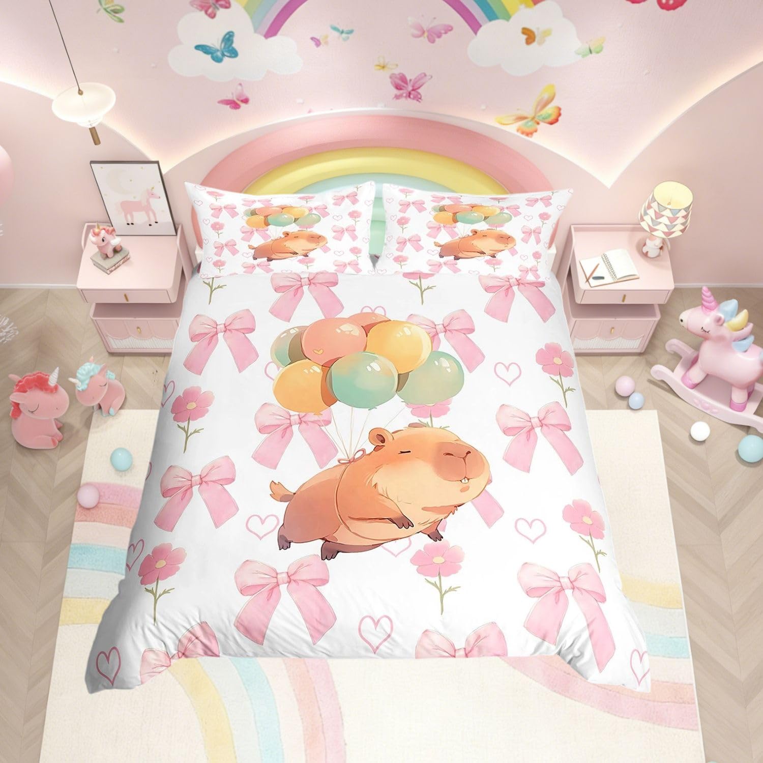 Homewish Girls Pink Bow Double Duvet Cover Set Kids Cute Capybara Bedding - Cartoon Capybara Balloons Quilt Cover Princess Style Kawaii Bowknot Flower Bed Set with Pink Reverse - 2 Pillowcases