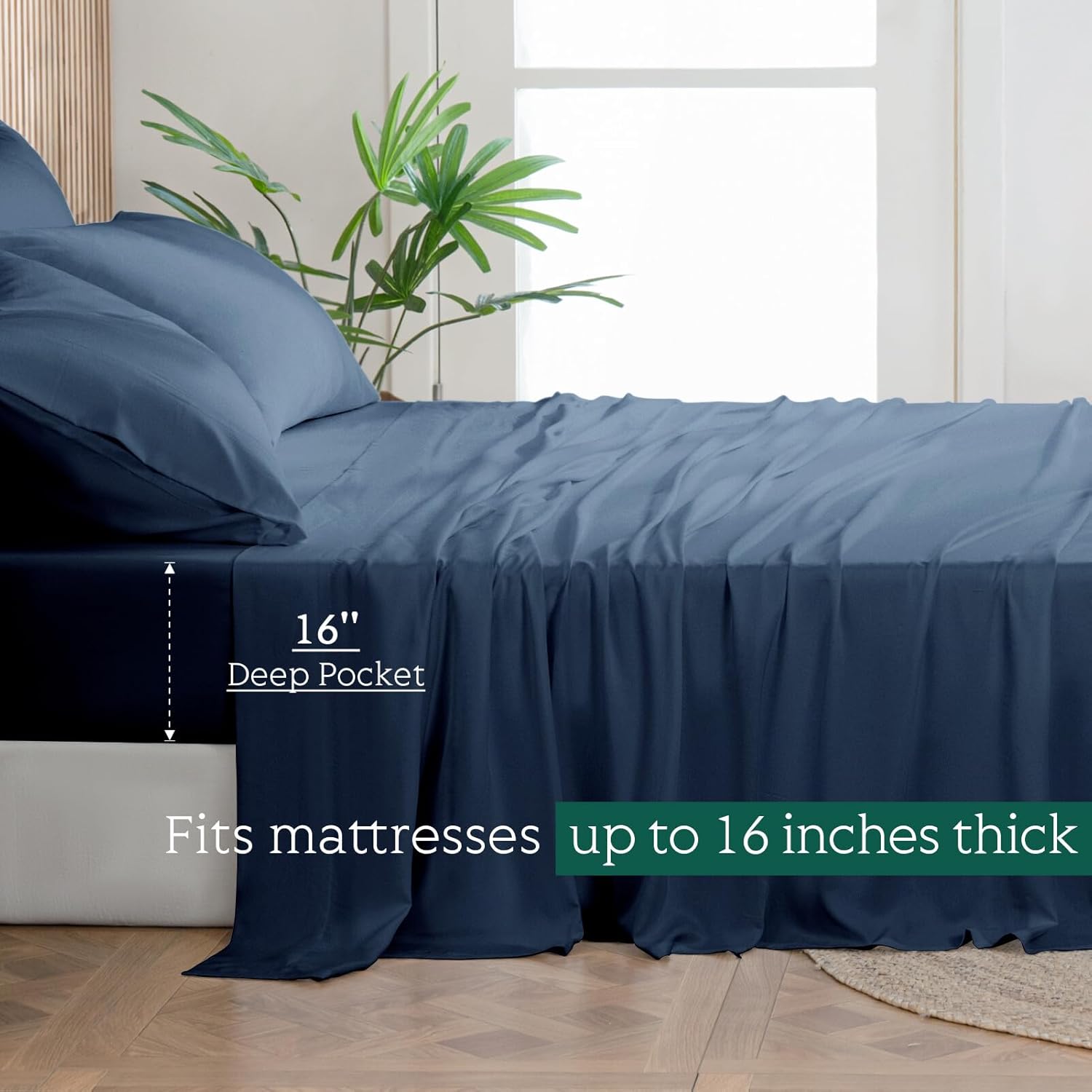 Cooling Sheets Set King Size, Viscose Derived from Bamboo for Hot Sleepers | Deep Pocket Up to 16 Inch | Silky Soft & Breathable Bedding - 4PC (King, Navy) - Image 3