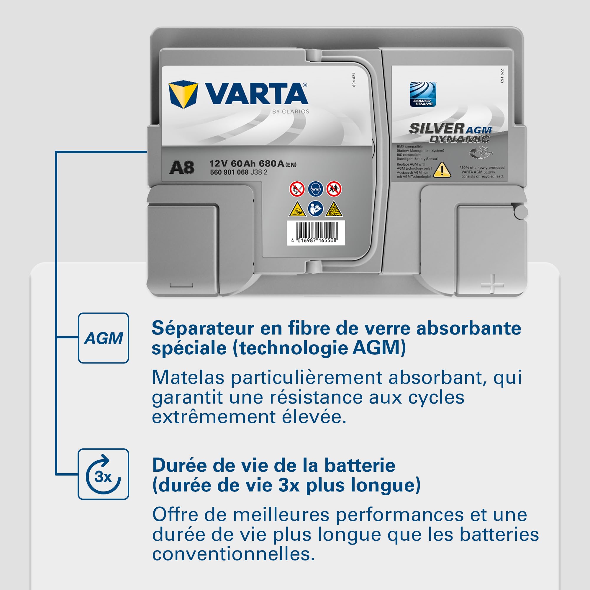 Batterie de démarrage XEV Varta Silver Dynamic AGM L2 A8 12V 60Ah / 680A 560901068