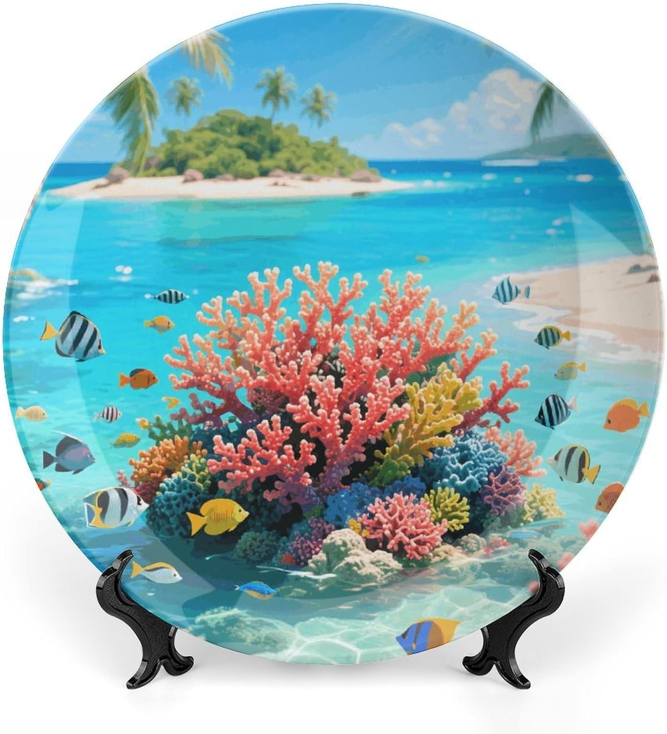 Island Corals Ceramic Plate 10inch Decorative Bone China Wall Hanging Ornament Plates Bohemian Style Dinner Plate with Display Stand Cabinet Display Plates for Home Art Decor