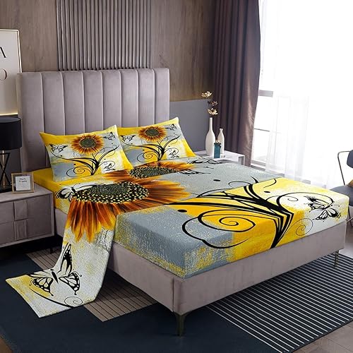 Erosebridal Juego de sábanas bajeras de girasol con diseño de girasol, diseño de mariposas y flores, tamaño King, amarillo, gris, blanco, degradado,
