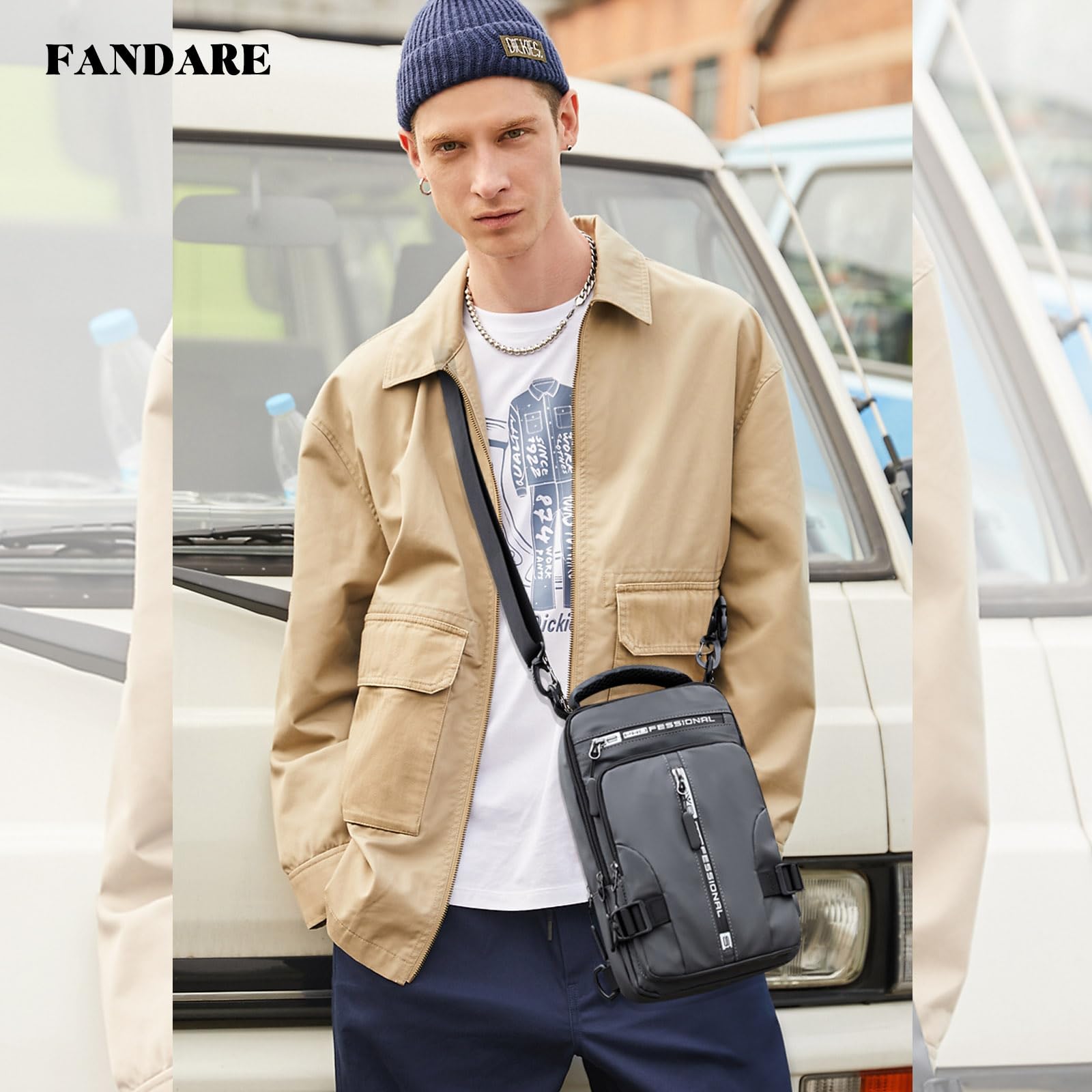 FANDARE Men Sling Crossbody Backpack Crossbody Bag for Men One Strap Motorcycle Chest Bag Cover Pack for Hiking Cycling Travel Outdoor Sport Small Casual Backpack with USB Charger Port Nylon Gray - Image 2