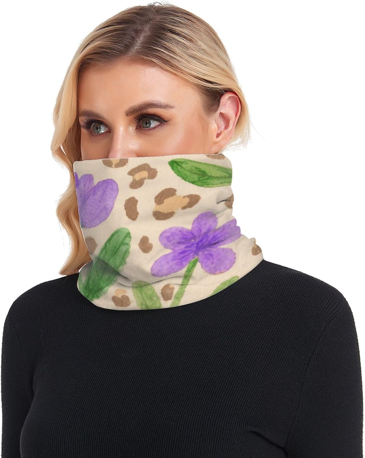 Brown Leopard Print Flowers Neck Warmer Gaiter for Cold Weather Running Face Mask Thick Windproof Scarves for Men & Women