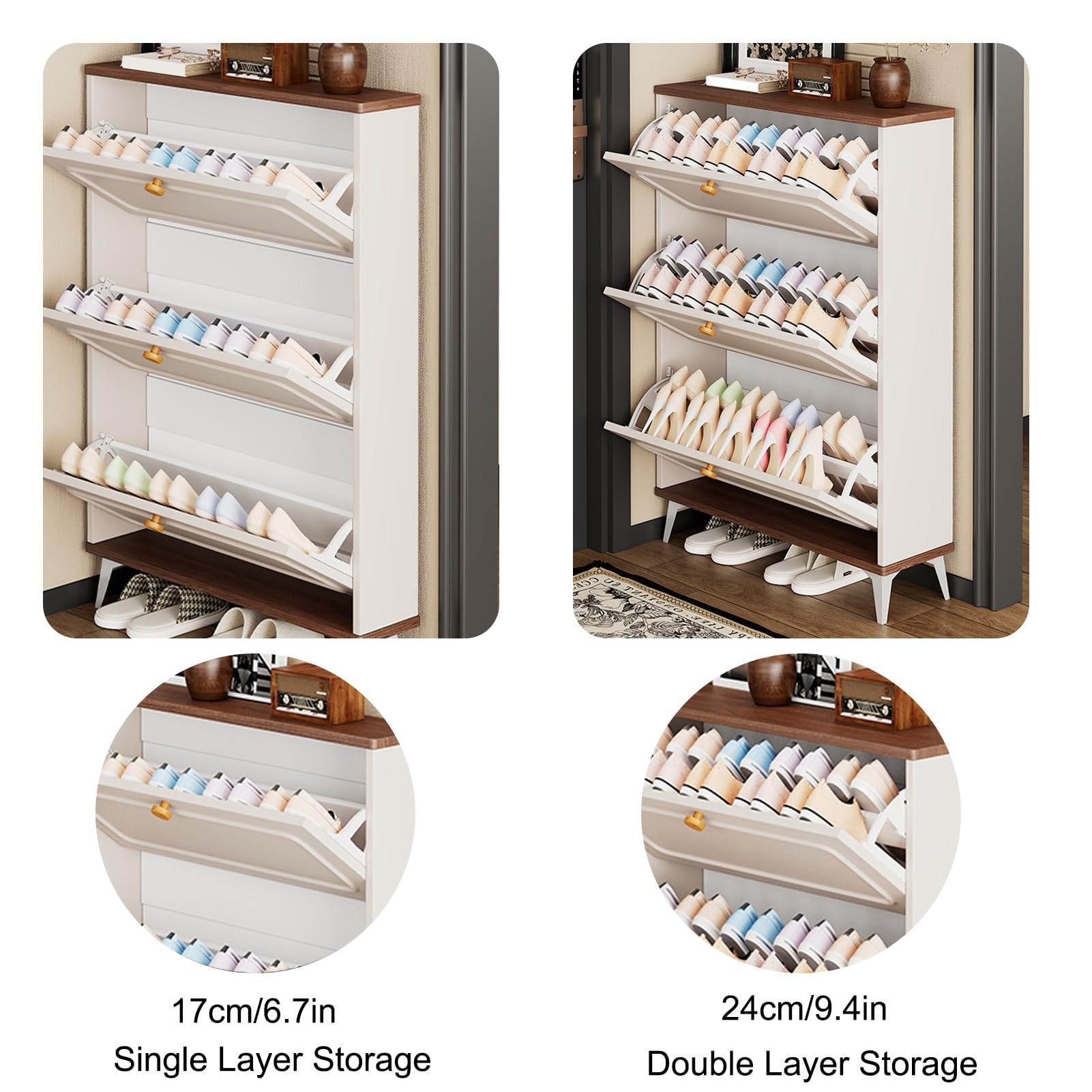 Schuhschrank Mit 3 Klappen, Schuhschrank Schmal Schuhregal, Platzsparend Regal für Schuhe, für Wohnzimmer, Schlafzimmer, Eingangsbereich, Flur, Badezimmer(118x50x17cm/46.5x19.7x6.7in)