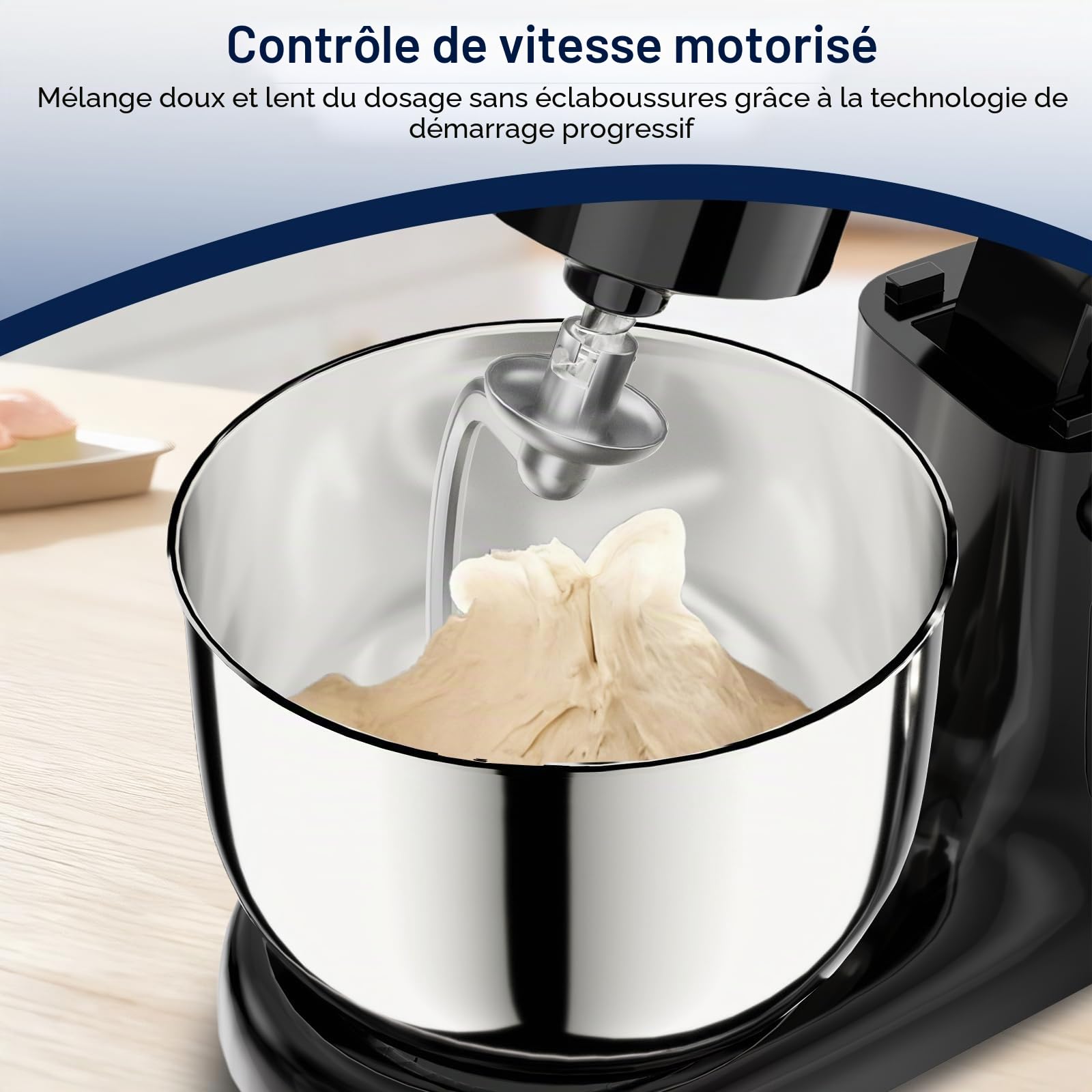 Camic Robot Pâtissier avec 3 Accessoires (Pétrissage, Mélange, Fouet), Robot Patissier avec écran LED, Minuterie, 10 Vitesses, 2 Bols en Acier Inoxydable (4 L + 5 L), pour Pâte, Pain, Pizza, Pâteaux
