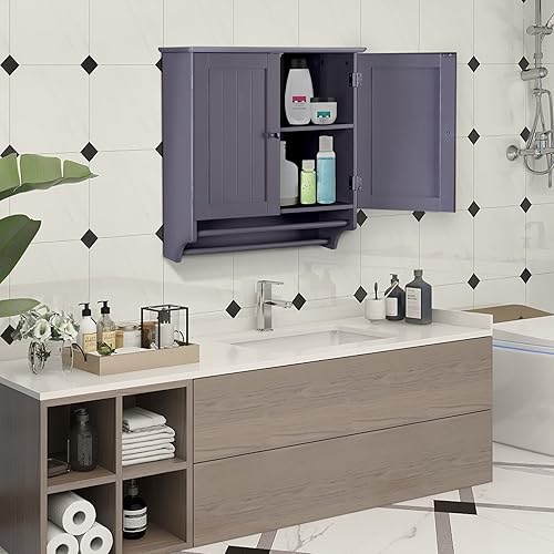 Miniatura 3 de MAISON ARTS Armario de pared para baño, botiquín de 2 puertas con estante ajustable y toallero para baño, sala de estar, cocina, gris