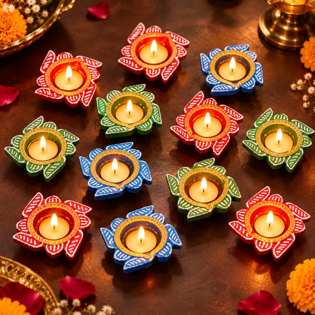 TIED RIBBONS Pack of 12 Handmade Clay Diwali Diya s Earthen Oil Lamp Large Diwali Diya (Multi, 6 cm x 2 cm) for Puja Office Pooja Room Mandir Temple Table - Diwali Decoration Items for Home Décor
