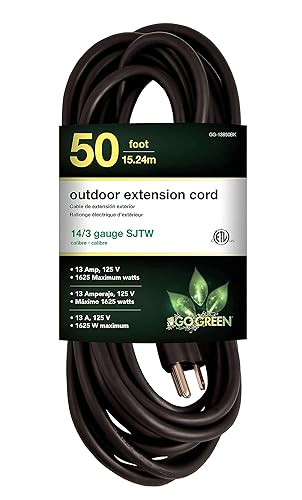 GoGreen Power (GG-13850BK) - Cable de extensión SJTW para exteriores, 143, 50 pies, color negro, 50 pies
