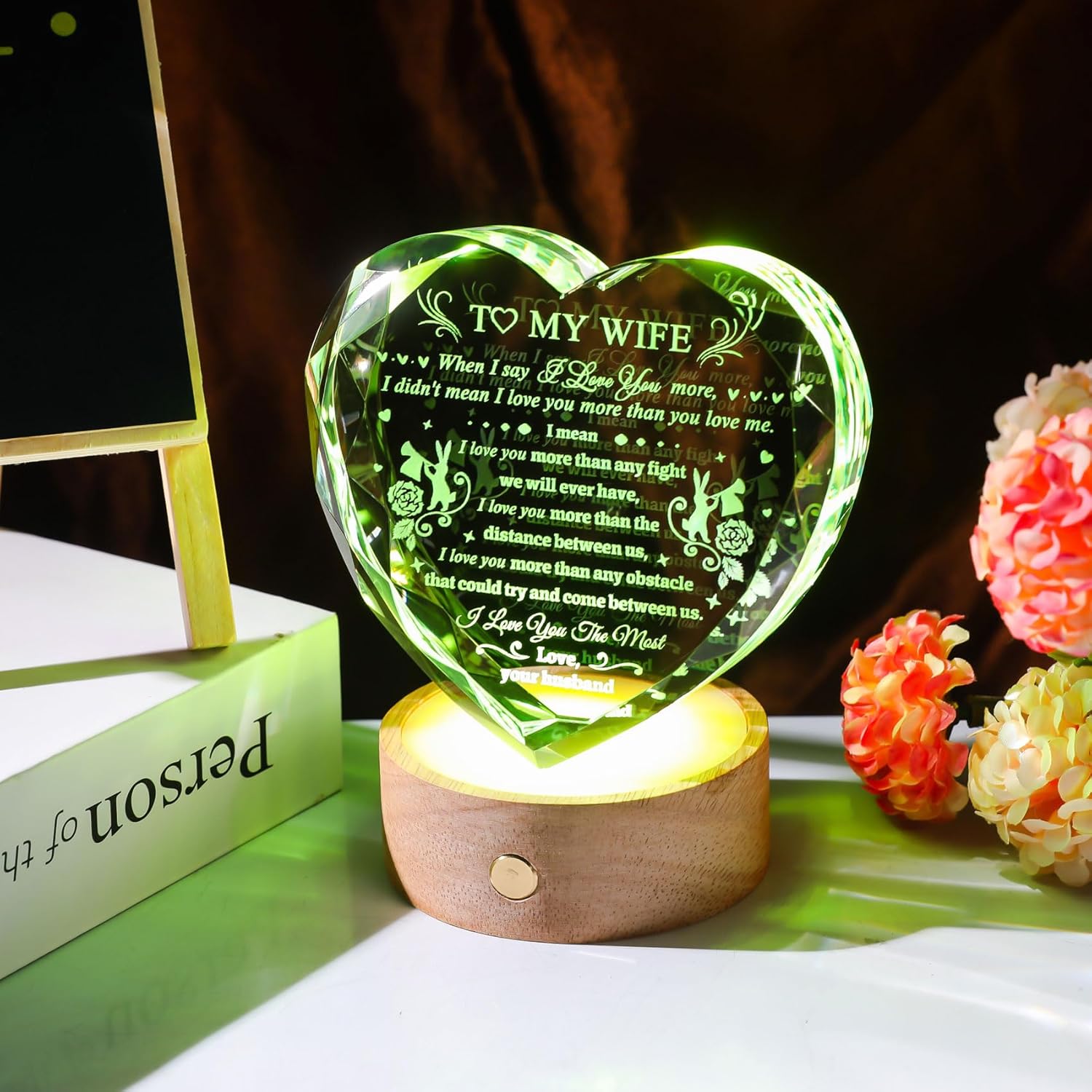 YWHL Heart Crystal Gifts for Wife from Husband, Wife Birthday Gifts, Romantic I Love You Gifts for Wife with Colorful Led Base, Valentine's Day Wedding Anniversary Present Ideas for Wife - Image 2