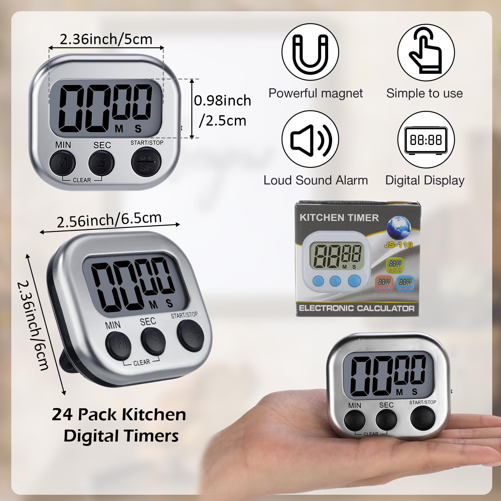 Leumoi 24 timer digitali da cucina magnetici, grande schermo, allarme forte interruttore on/off, conto alla rovescia, impostazione di memoria per cucinare in aula (argento e nero)