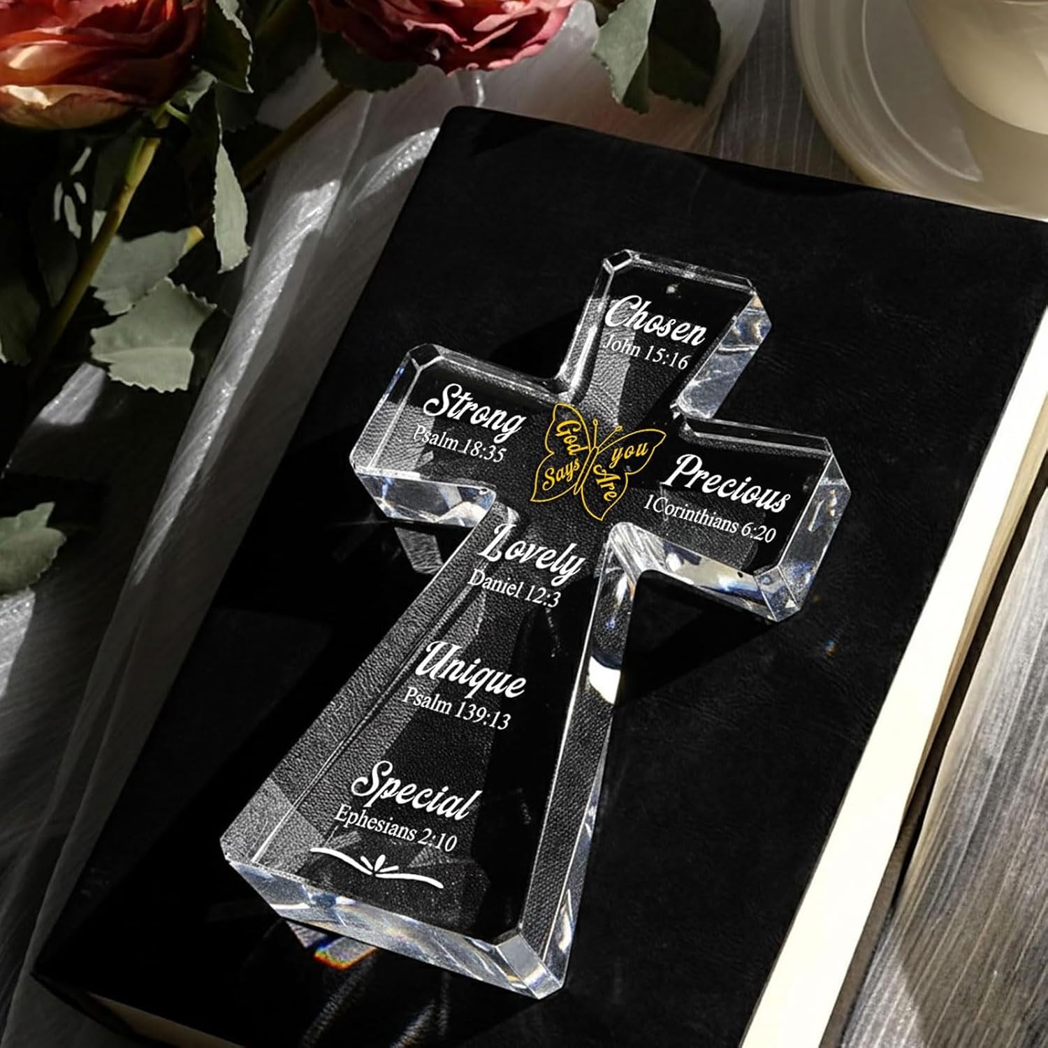 Christian Cross Gifts for Women & Men, Inspirational Glass Cross Decor, God Says You Are Bible Verses, Religious Christian Gift for Mom, Friend, Home Desk Shelf