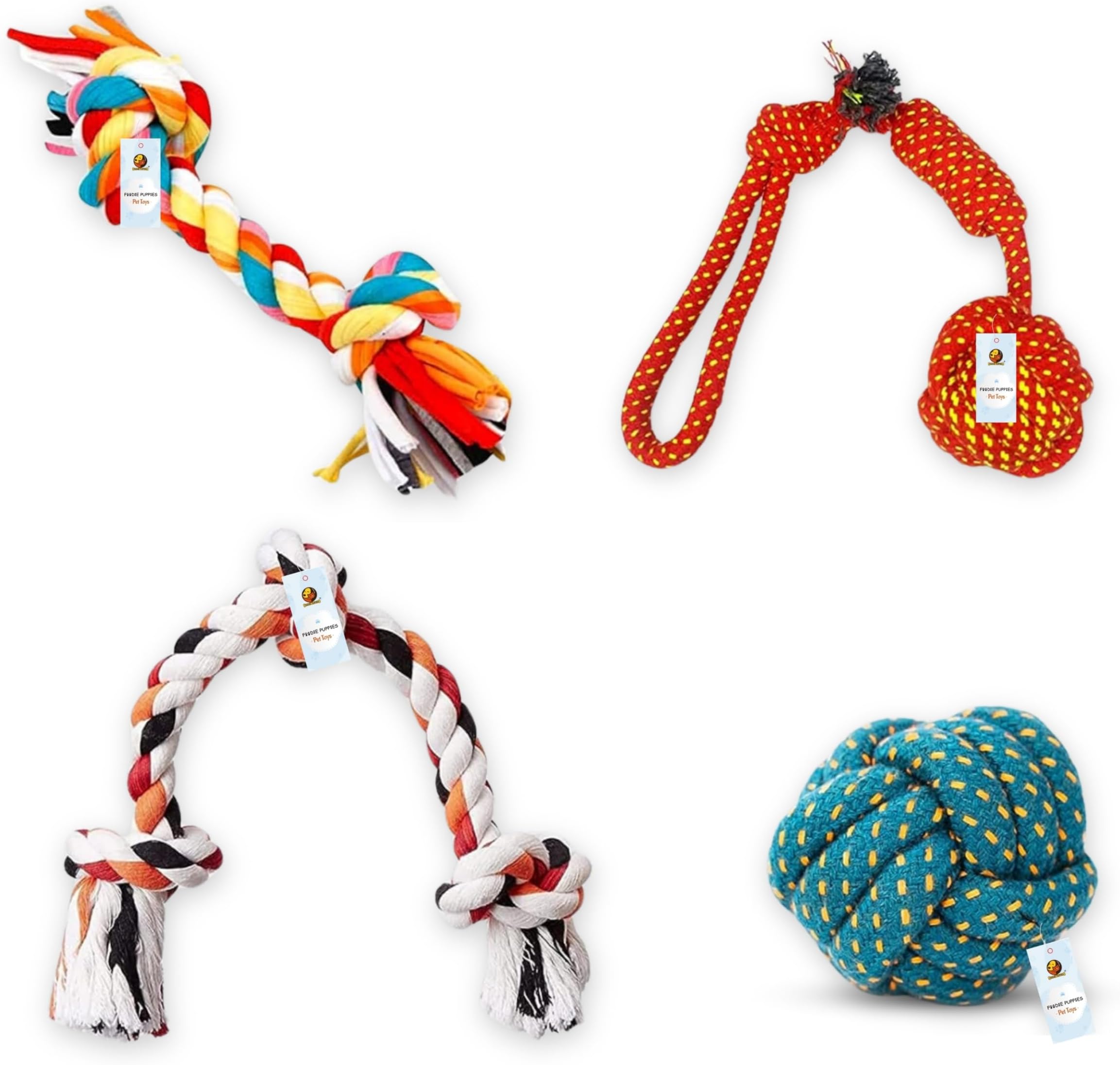 Foodie Puppies Dog Rope Combo of 4 Chewing Teething Fetching Durable Toys for Puppies and Small to Medium Size Dogs (2Knot + 3Knot + Ball + 2Knotball) (Color May Vary)