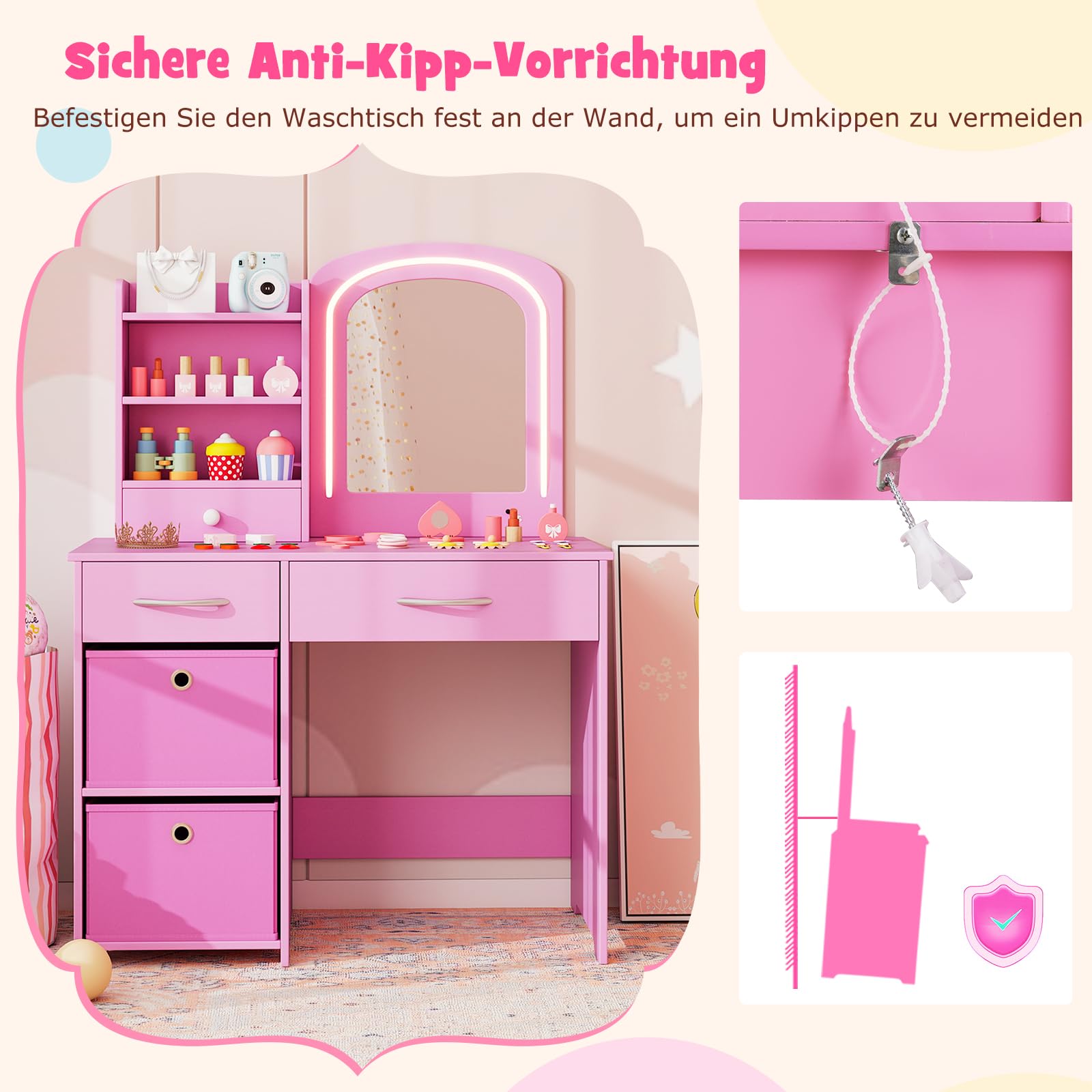 DREAMADE Schminktisch Kinder, Schminktisch Mädchen mit Stuhl & Buntem LED-Spiegel, Frisiertisch aus Holz, Kinderschminktisch mit offenen Regalen & Schubladen für Kinder ab 3 Jahren (Mit Boxen,Rosa)