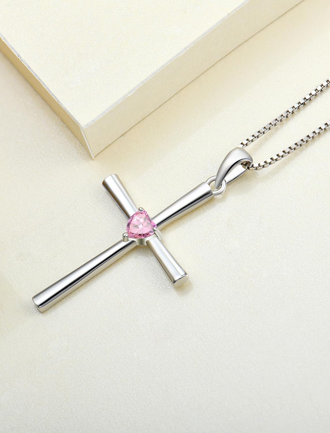 YL Women's Cross Necklace 925 Sterling Silver Crucifix Pendant Heart Cut Birthstone Criss Jewelry - Image 5