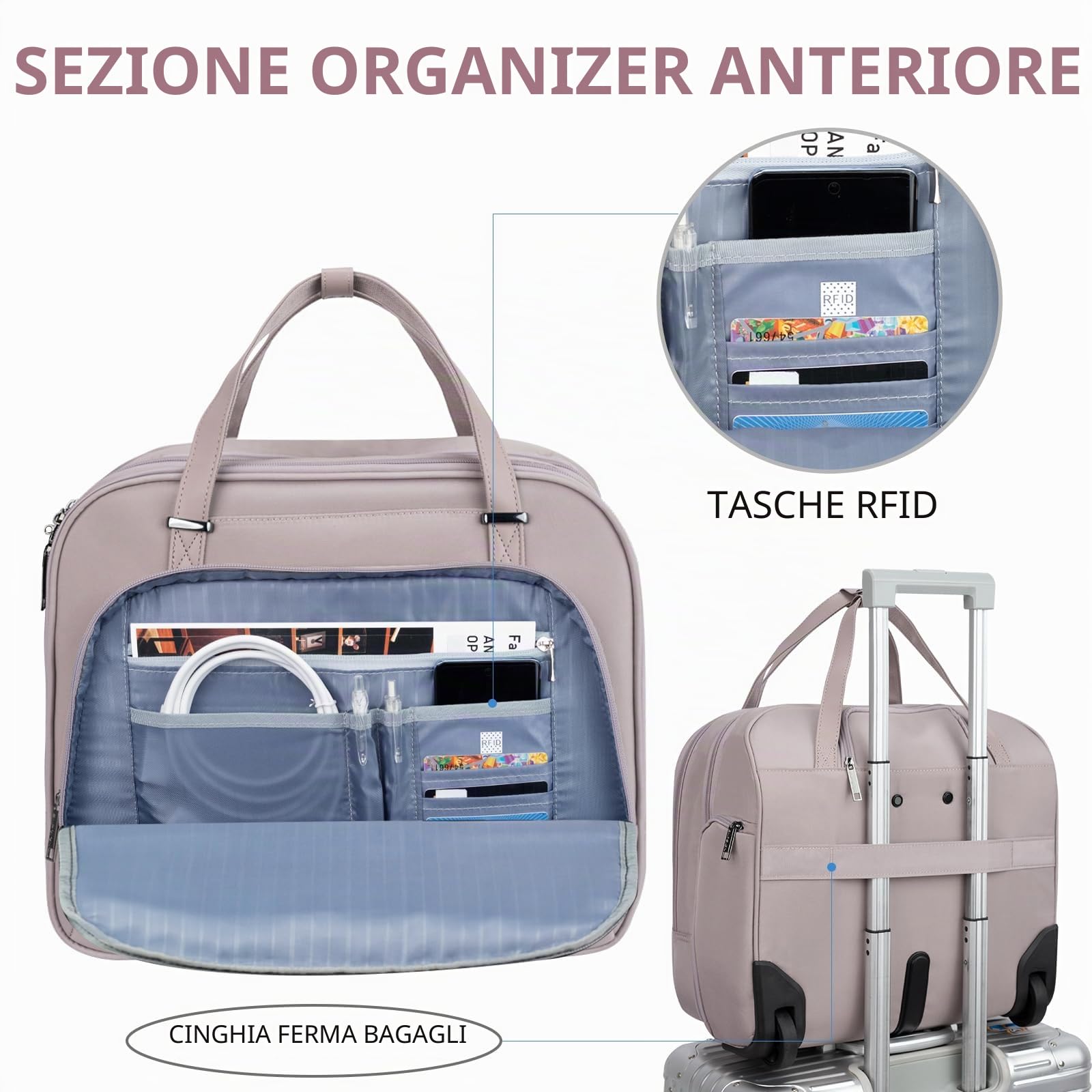 EMPSIGN Borsa porta PC con ruote da donna, cartella trolley per notebook 15,6 pollici, borsa con ruote idrorepellente per viaggio e lavoro, tasche RFID antifurto, grigia e rosa