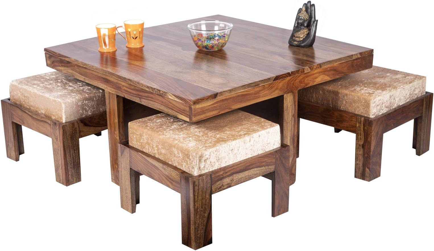 Ikiriya 100% Solid Sheesham Wood Coffee Table and 4 Stools - Teak Finish ; Ivory Velvet, Standard (CTSW0314-2-VCR)