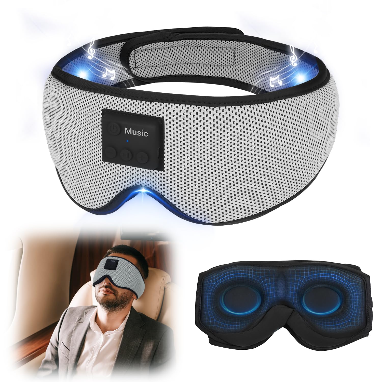 360 Degrees Blackout Sleep Eye Mask with Wireless Bluetooth 5.2 Headphones, Comfortable and Adjustable 3D Design, White Noise for Insomniacs, Long Battery Use for Travel/Nap/Camping/Night Sleep