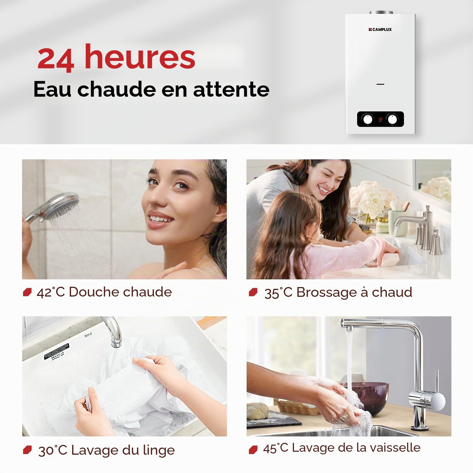 CAMPLUX BD300-DE 11L Chauffe-Eau à Gaz Instantané 50 mbar, Bas NOx/ErP, GPL, 3V, 22 kW, Chambre Scellée