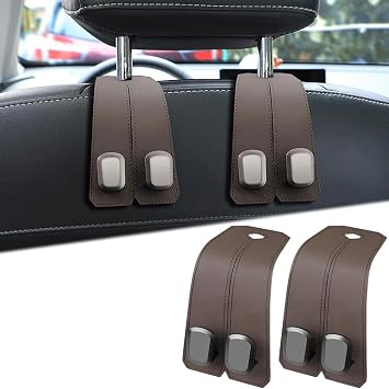 2 Pack Double Car Seat Headrest Hooks for BMW X1 X3 X4 X5 X6 F25 F26 F15 F16 X85 X86, Leather Auto Purse Hanger Grocery Bags Holder Seat Back Organizers and Storage Accessories,A/Brown