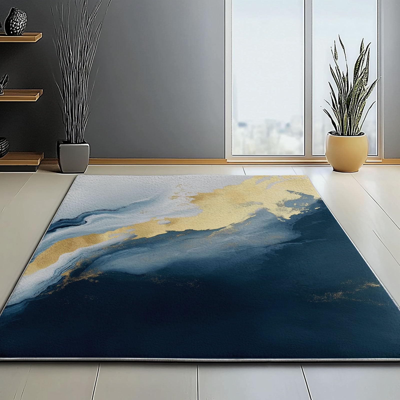 Lavabile in Lavatrice Tappeto per Soggiorno Camera da Letto Ufficio Decorazione 120 x 180 cm, Astratto Semplice Illustrazione Marina Tema Flanella Tappeti con Supporto Antiscivolo, Blu Scuro