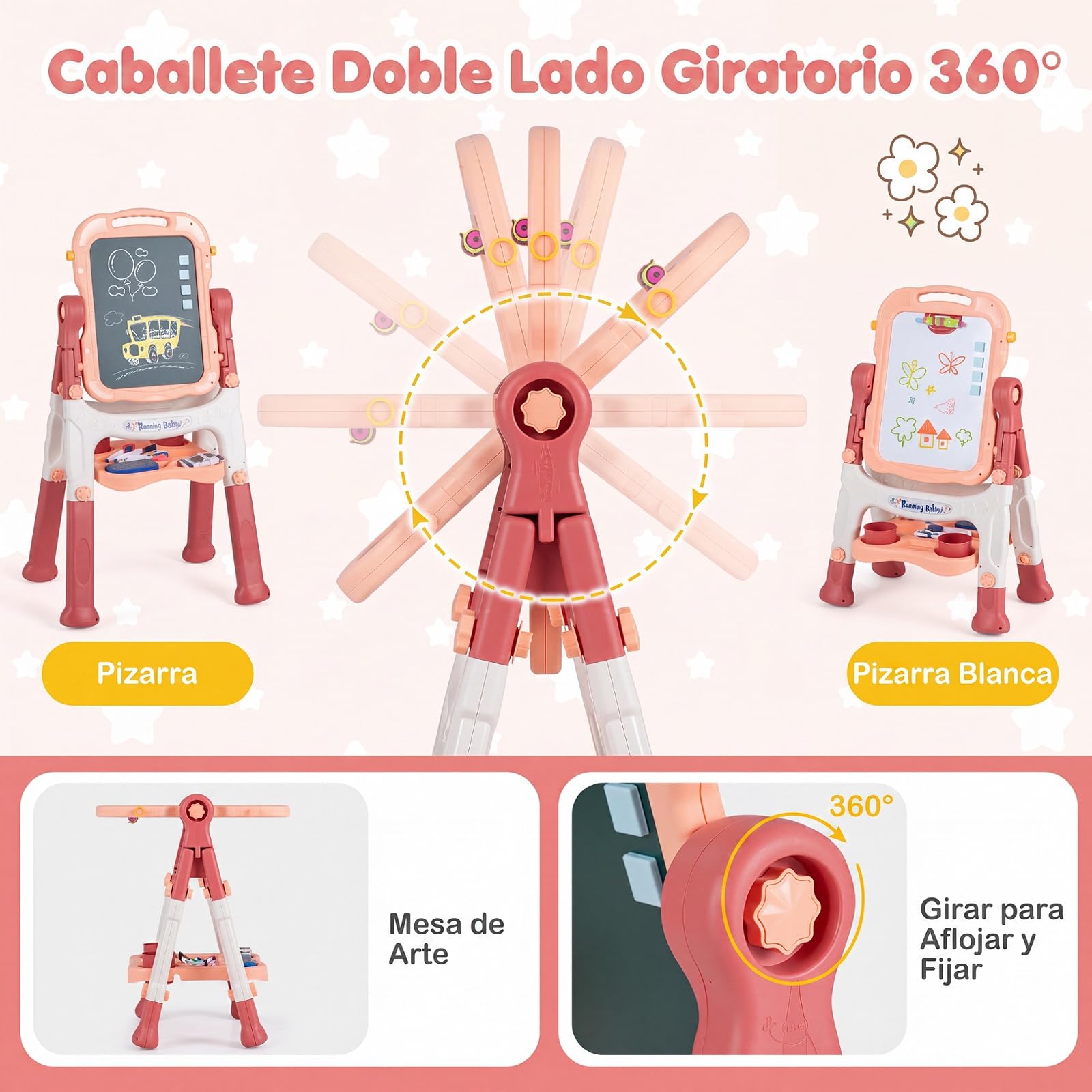COSTWAY Pizarra Infantil con Doble Cara, Giratorio 360° (Rosa)