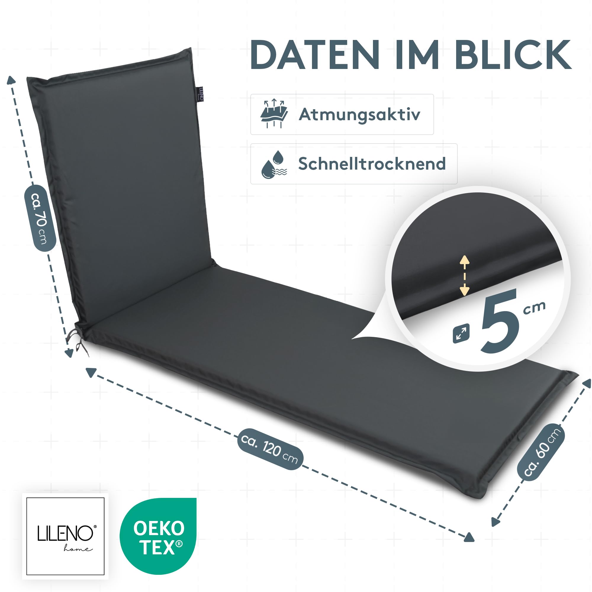 LILENO HOME Anthrazit Gartenliegen Auflage als 2er Set - Rollliege (188x60x5cm) MIA