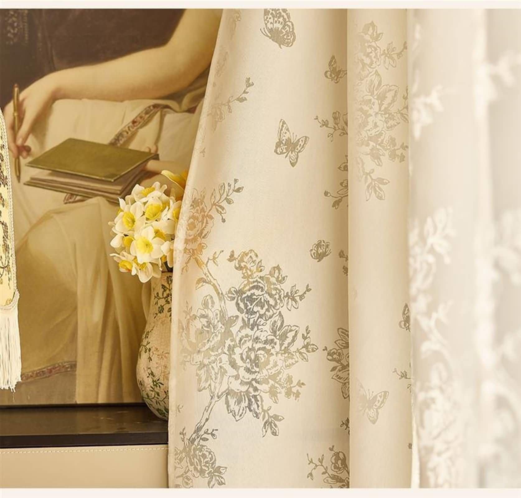 KnSam Rideaux Voilage Beige, 2 Pièces, Rideau Salon Imprimé Floral à Crochets, 132x274cm x 1pcs