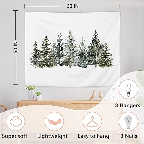 Miniatura 2 de AQYIP Tapiz de árbol de Navidad, tapiz de Navidad verde bosque, bosque de pino, paisaje, decoración de pared para el hogar, dormitorio, sala de