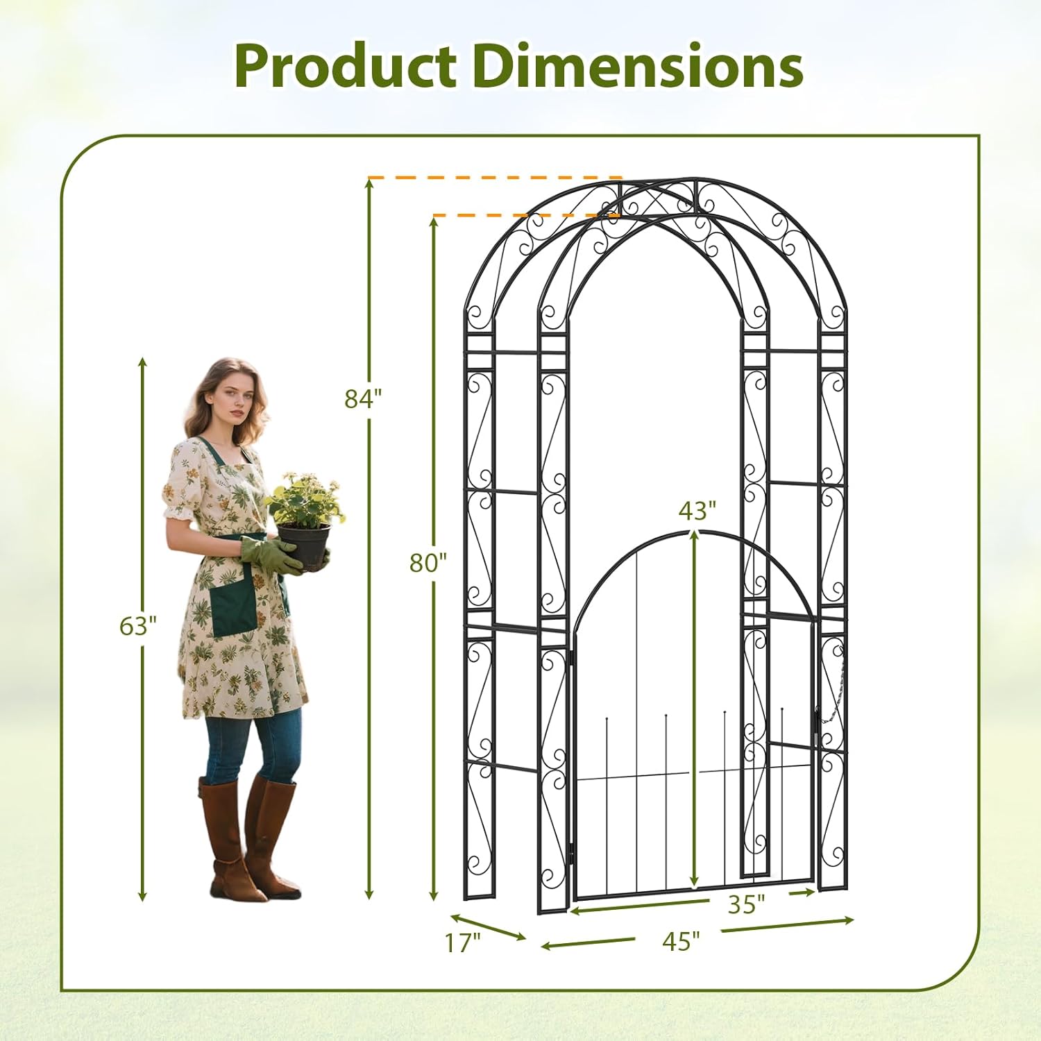 HAPPYGRILL 84" Garden Arbor with Gate & Climbing Trellises, Metal Garden Arch Archway for Outdoor Climbing Plant Rose Vine, Wedding Arch for Ceremony, Backyard Lawn Party Decor Patio Entrance