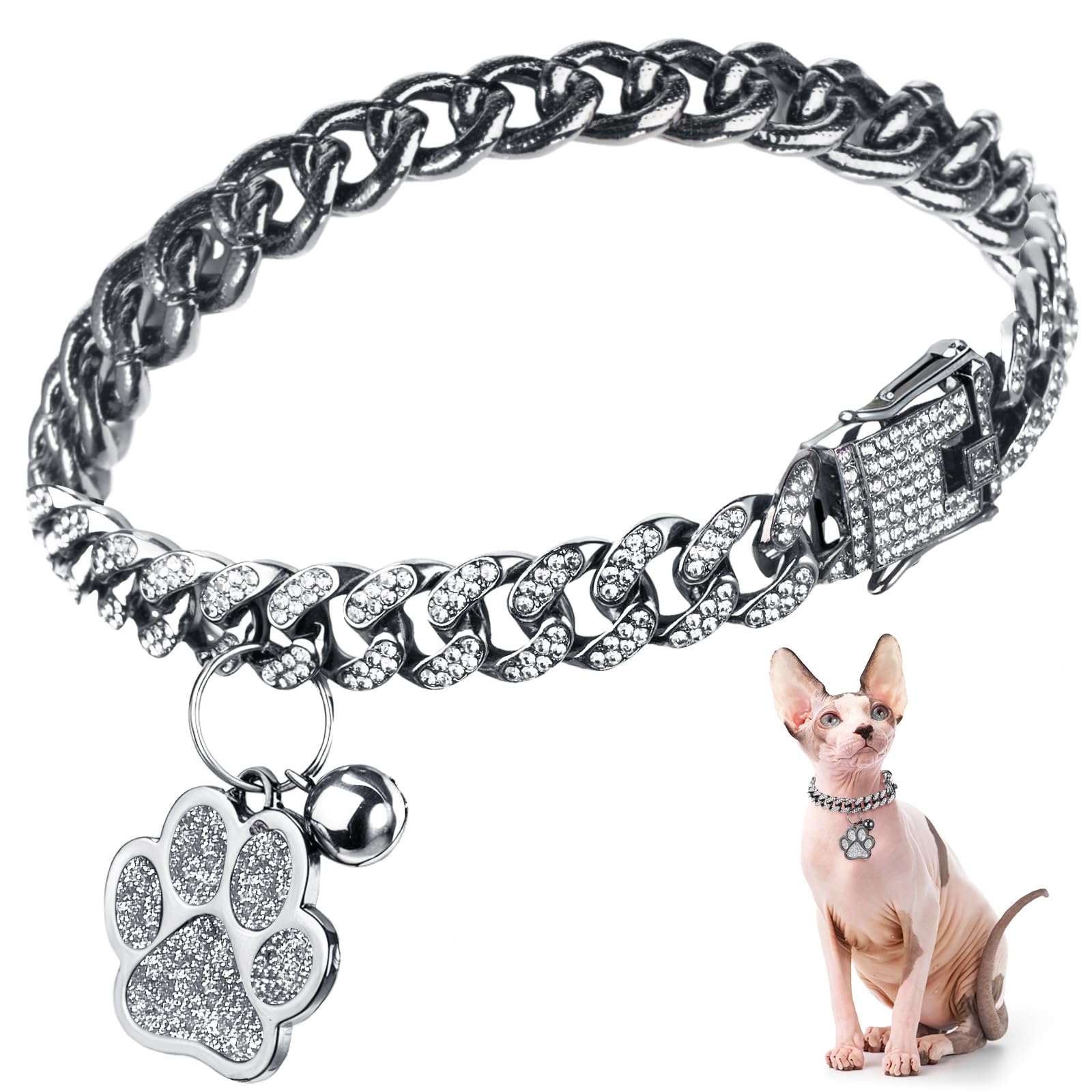 Hillban Cat Collar Diamond Chain Glitter Collar Walking Metal with Secure Buckle Cat Pet Necklace with Paw Charm and ID Tag Bell Link Cuban Jewelry