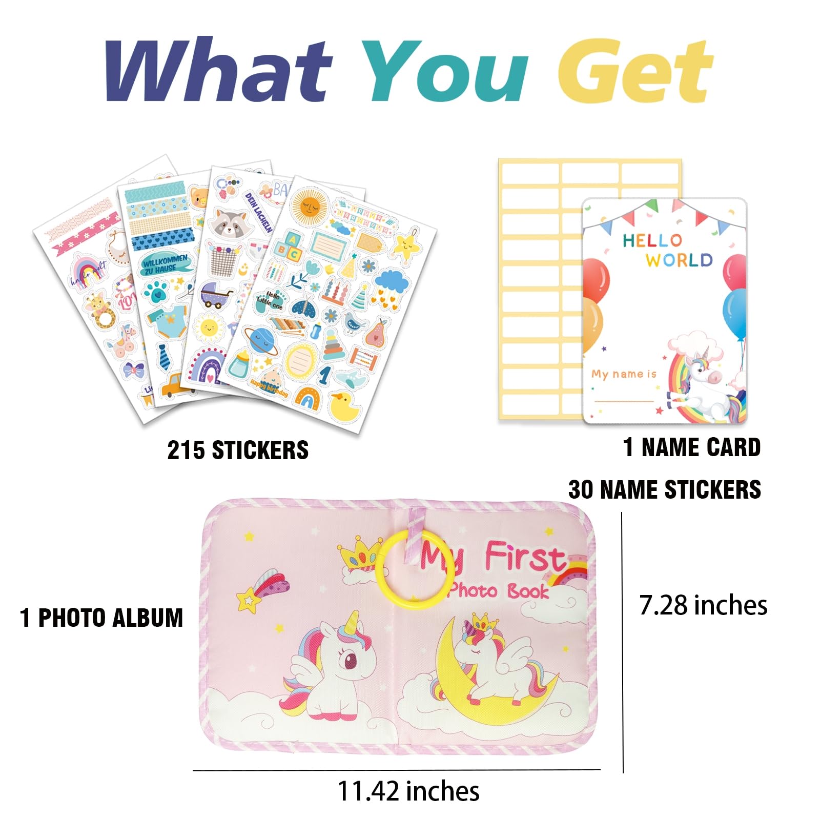 Baby‘s First Photo Albums with 245 DIY Stickers, 17 Pages Soft Memory Cloth Book, My First Family Album Gift for Toddler Newborn (Unicorn)