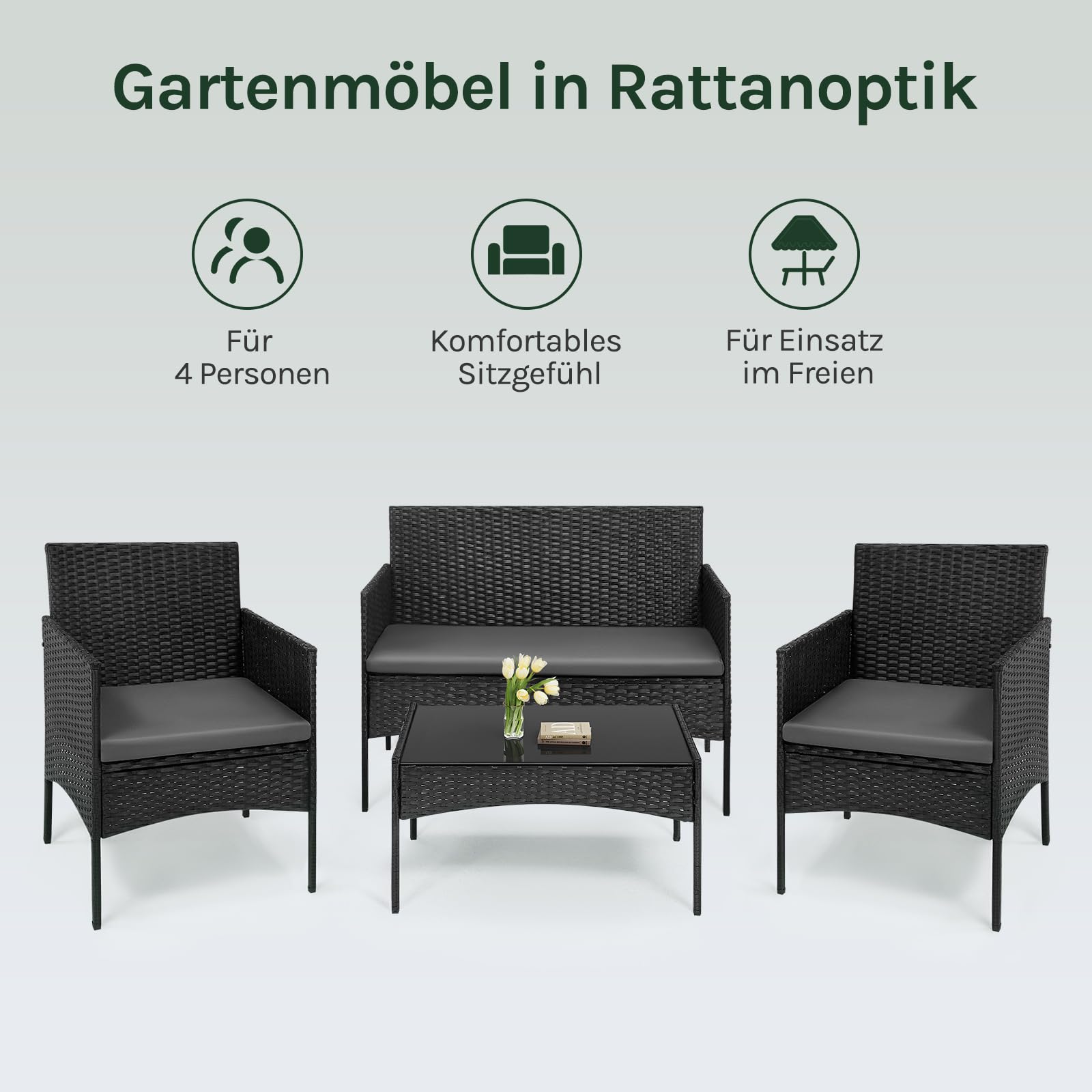 WOLTU Gartenmöbel 4-teilig Set mit 1 Sofa, 2 Sessel, 1 Couchtisch und Kissen Lounge-Möbel Outdoor 2-Sitzer-Bank mit Glas Gartentisch Terrassenmöbel Wetterfest für Garten, Terrassen, Balkon, Schwarz