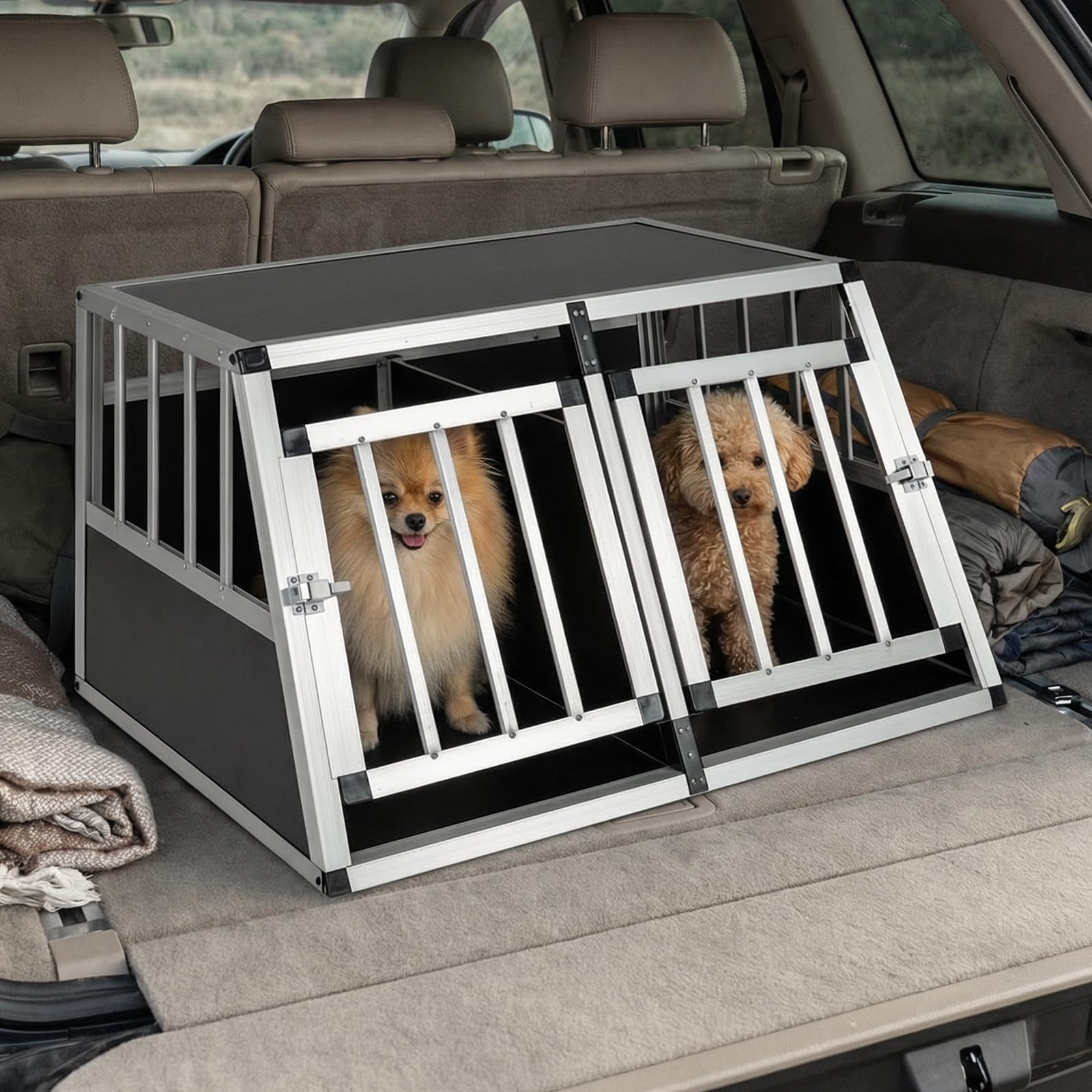 COSTWAY Caisse de Transport pour Chien en Aluminium, Séparateur Amovible, Portes Verrouillable, Cage pour Chien Chat, Design Trapézoïdal, Coins de Protection pour Chiot Chat Lapin, 89 x 69 x 50,5 cm