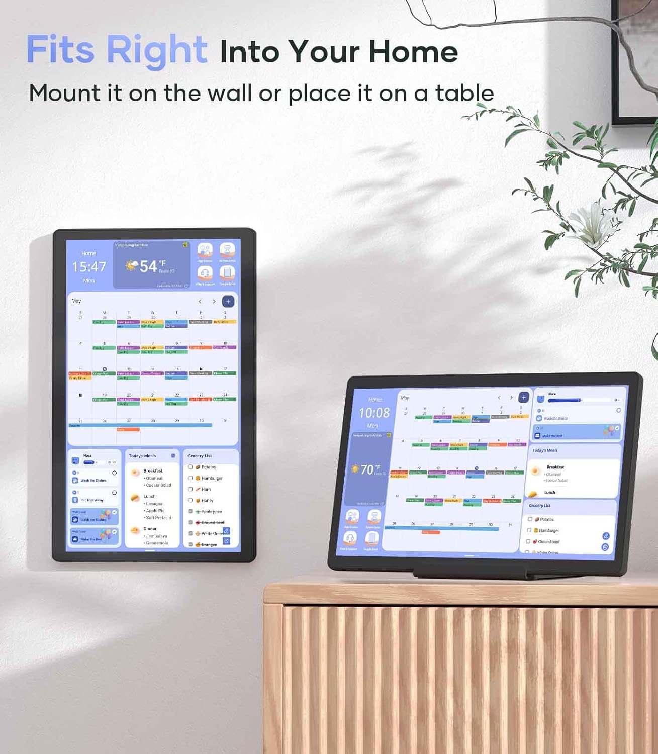Cozyla Mate Digital Calendar mounted on a wall in portrait orientation and placed on a table in landscape orientation.