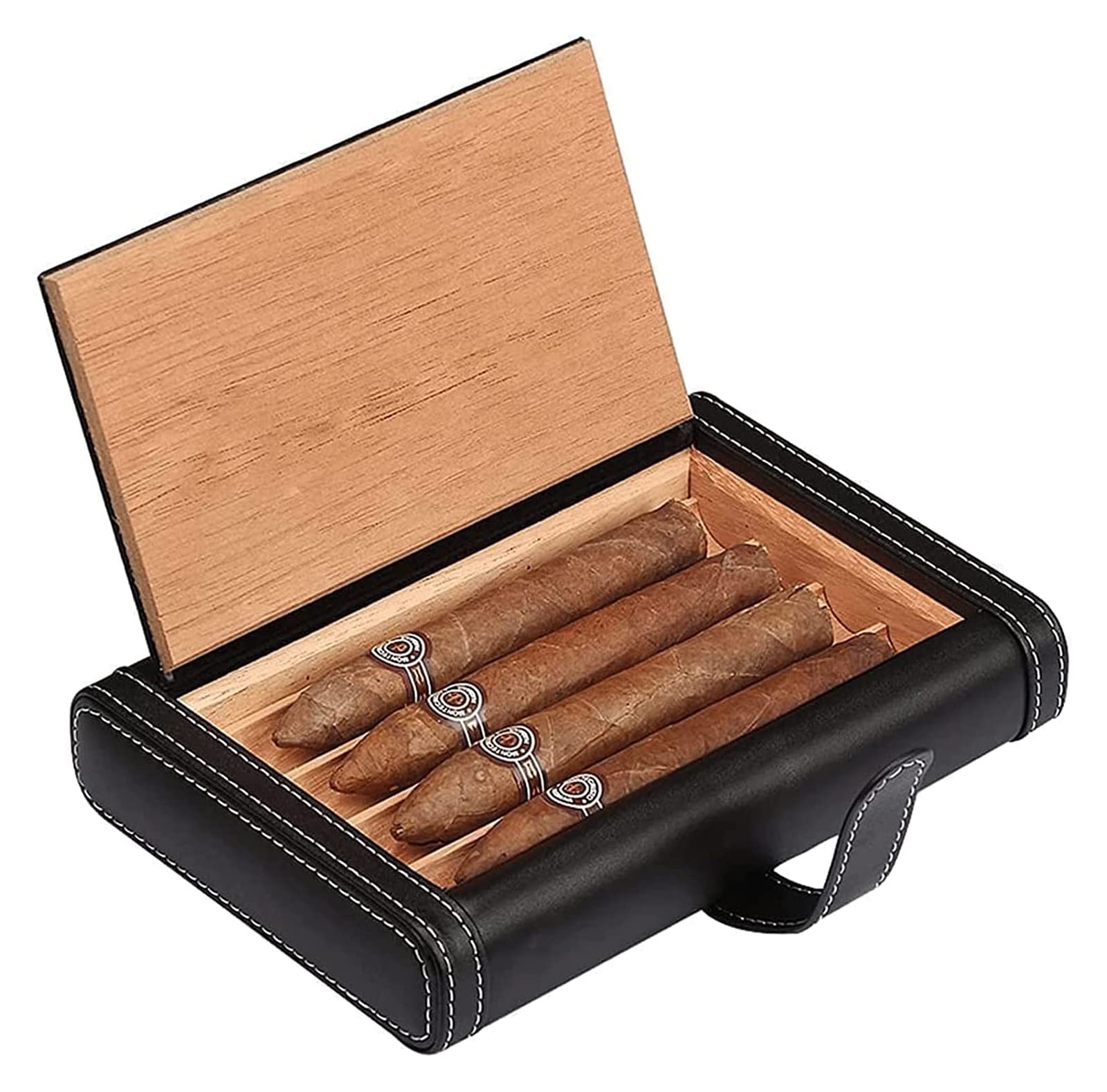 Cigar Box Watertight Portable Cigar Box, Cedar Wood Lining Humidor Hold 4 Cigars, Cow Leather Fabric Cigar Case, Cigar Humidor Gift for Men Crushproof