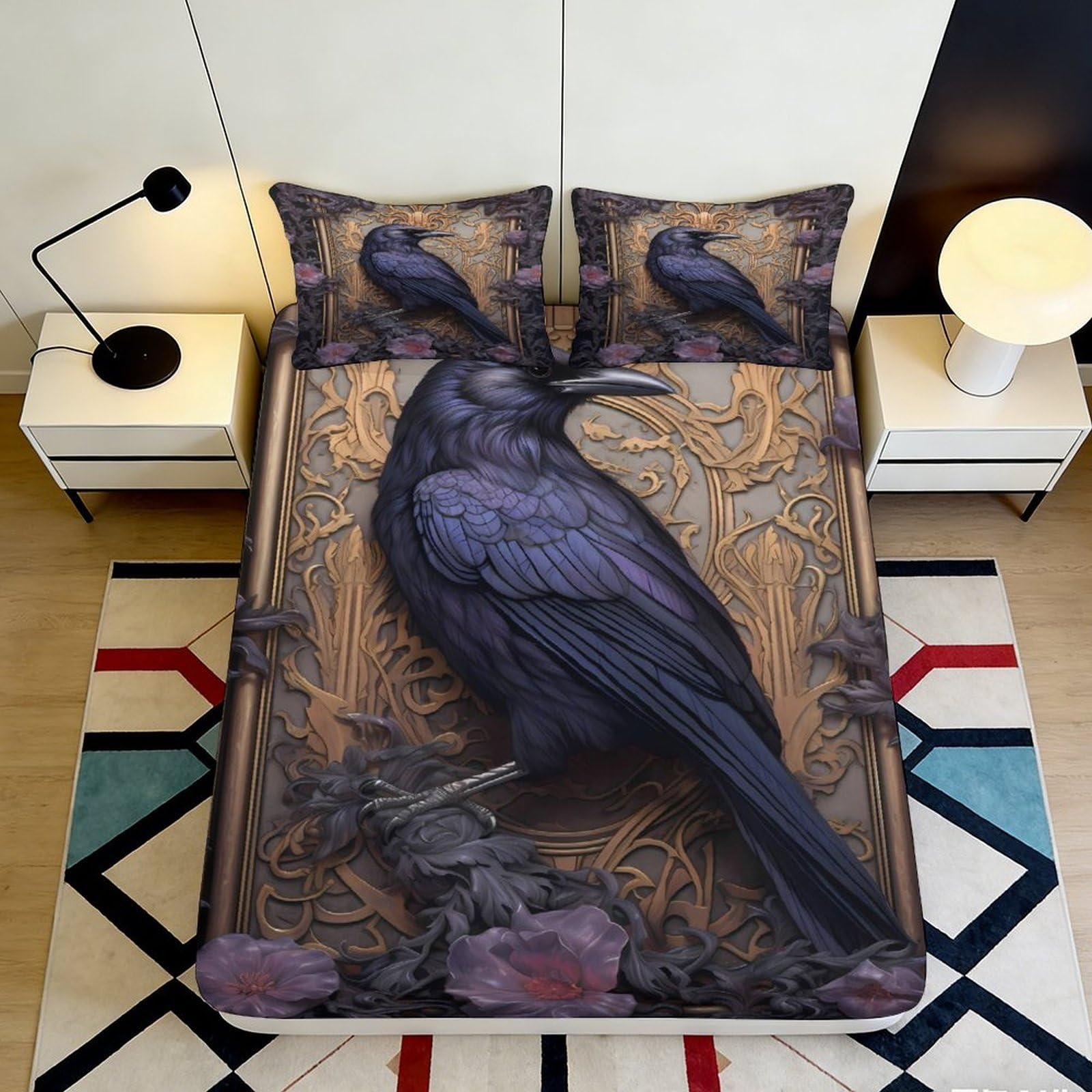 3D Printed Raven Fitted Sheet Microfiber Soft Breathable Crow Mattress Cover for Bedroom Dormitory Guest Room Protection Decor 200x200x25cm