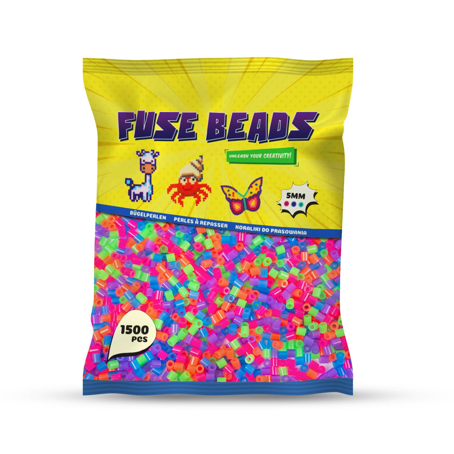 Benny Beads Bügelperlen 1500 Stück, Midi-Größe 5mm, Kreatives Bastelzubehör DIY Fuse Beads (Neon)