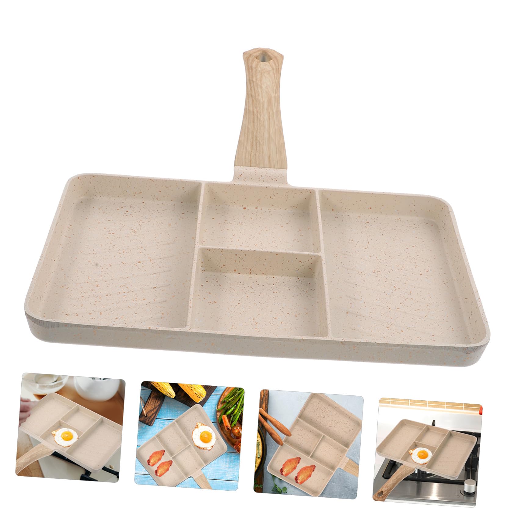 Padella per Uova al Tegamino Beige in Lega di Alluminio Manico | Fondo Scanalature Multiple, Impugnatura in Legno Anti-scottatura, Facile da Pulire