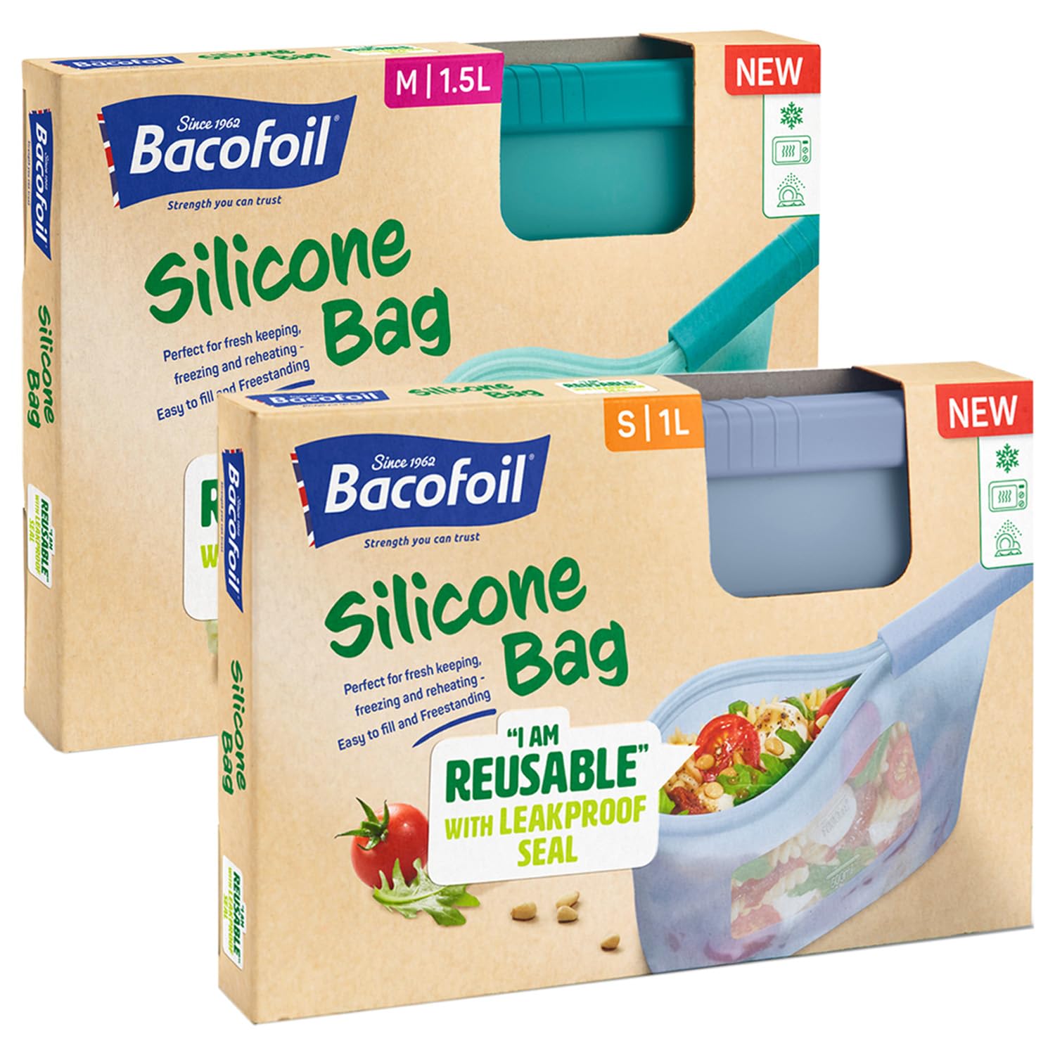 Bacofoil Reusable Silicone Food Bags - Food Storage for Fresh Produce, Meal Prep, Soups - Reusable Freezer Bags for Storage, Freezing & Reheating - Microwave & Dishwasher-Safe, 2-Pck, 1L & 1.5L