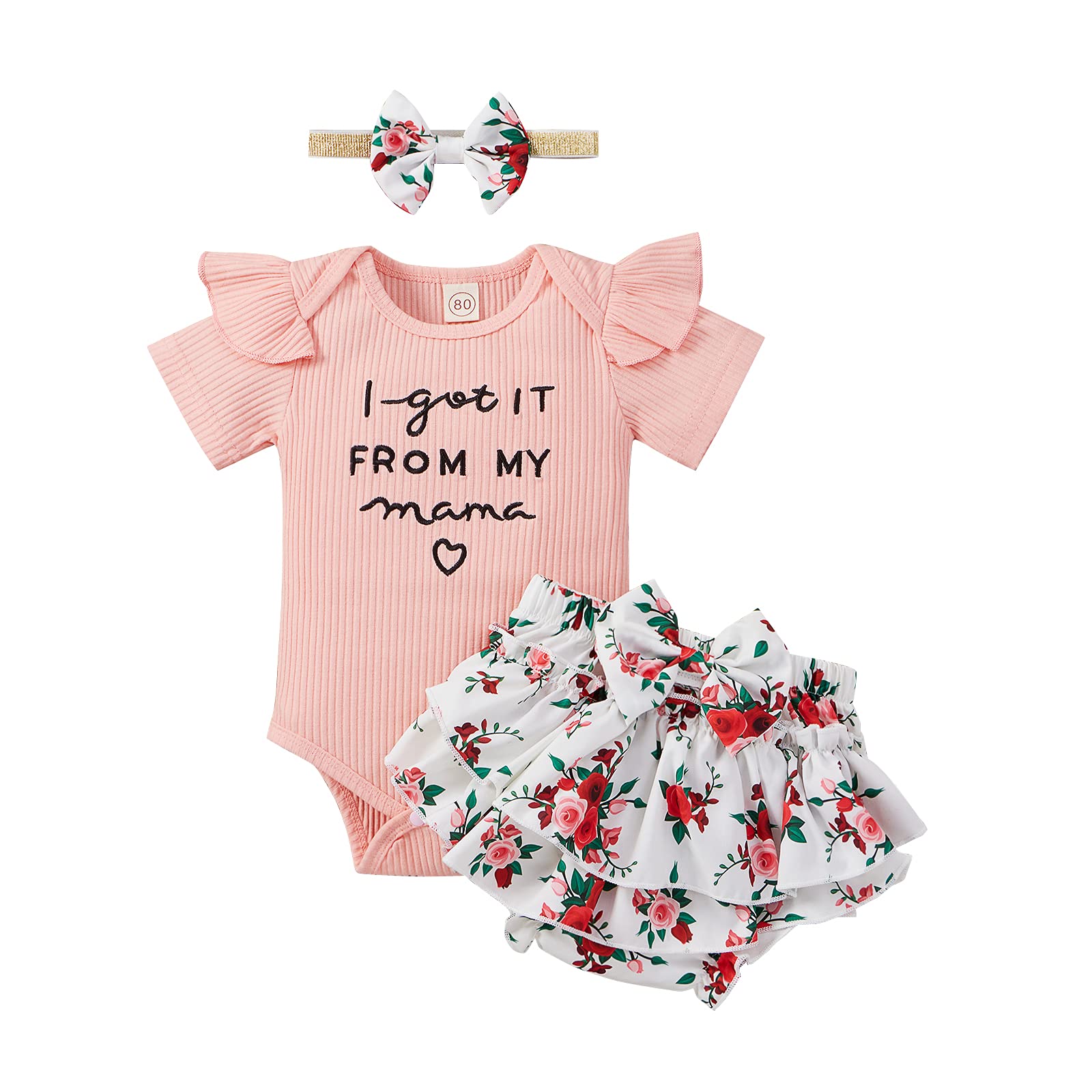 Yccutest Newborn Baby Girl Clothes Toddler Summer Outfits Set Cute Short Sleeve Romper + Floral Shorts + Bow Headband (Pink,6-12 Months)