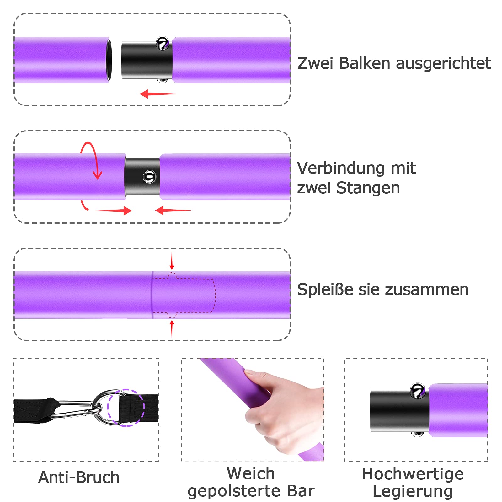 Pilates bar Set, Einstellbarer Pilates Bar mit 4 Resistances Bands（40 LBSx2、50LBSx2） Schaumstoffgriff und Türanker. tragbare fitnessgeräte für zuhause, für Yoga, Stretch, Formen. (violett)